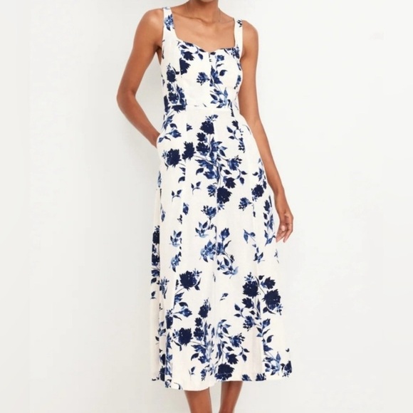 Blue and White Floral Fit & Flare Linen Blend Midi Dress Size Small Petite New - Picture 1 of 11